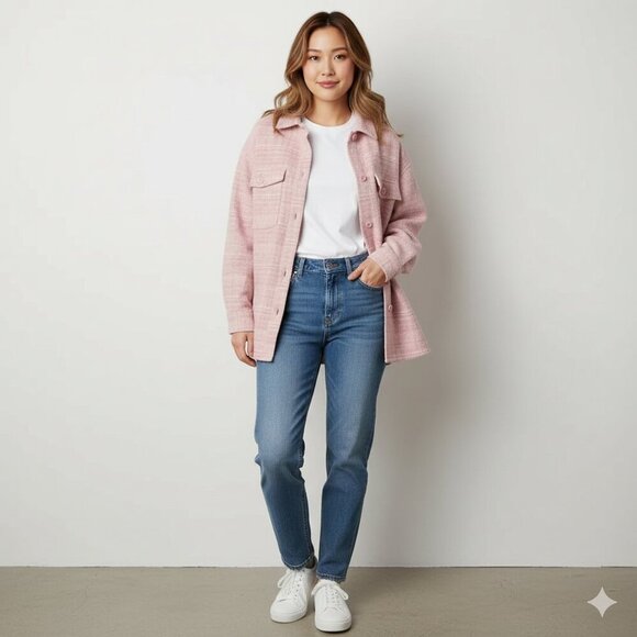 Aritzia Babaton Women's Shacket Joan Shirt Jacket Oversized Tweed Pink Plaid - Picture 2 of 16